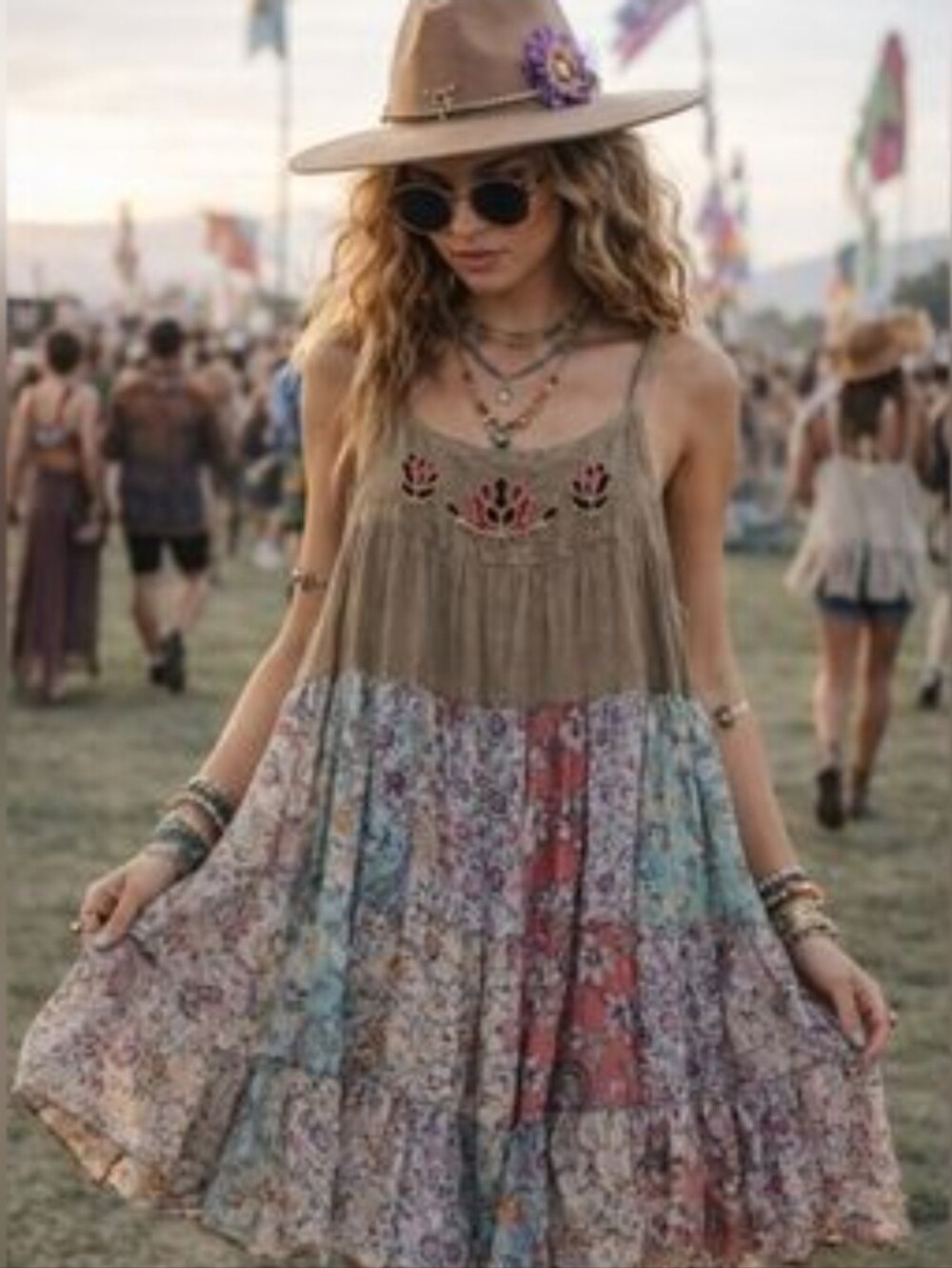 Young Threads Boho Patchwork Spaghetti Strap Tiered Dress - Olive & Multi